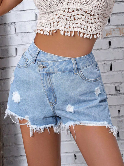 Distressed Raw Hem Denim Shorts-Angel Casuals