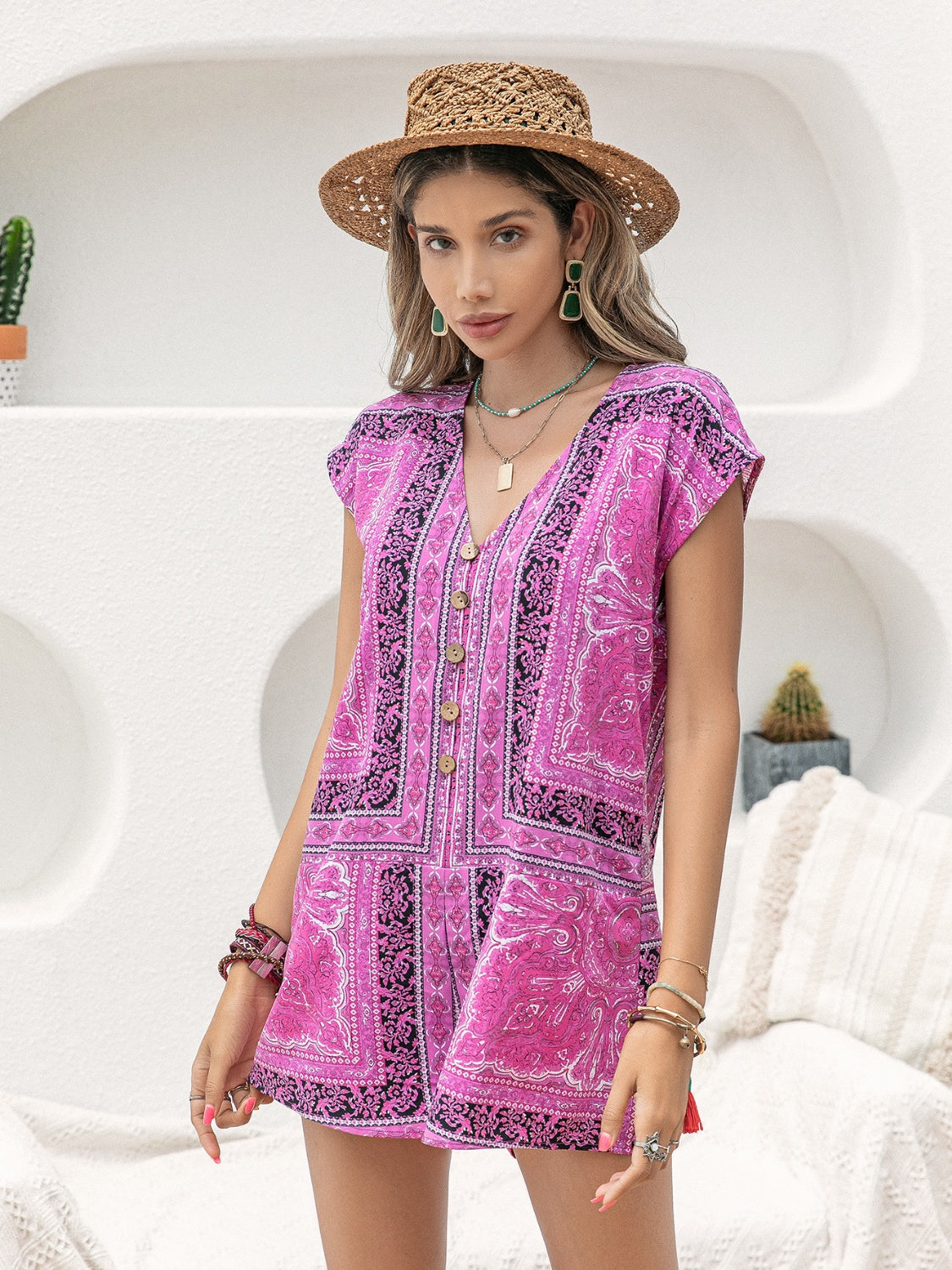 Printed V-Neck Cap Sleeve Romper-Angel Casuals