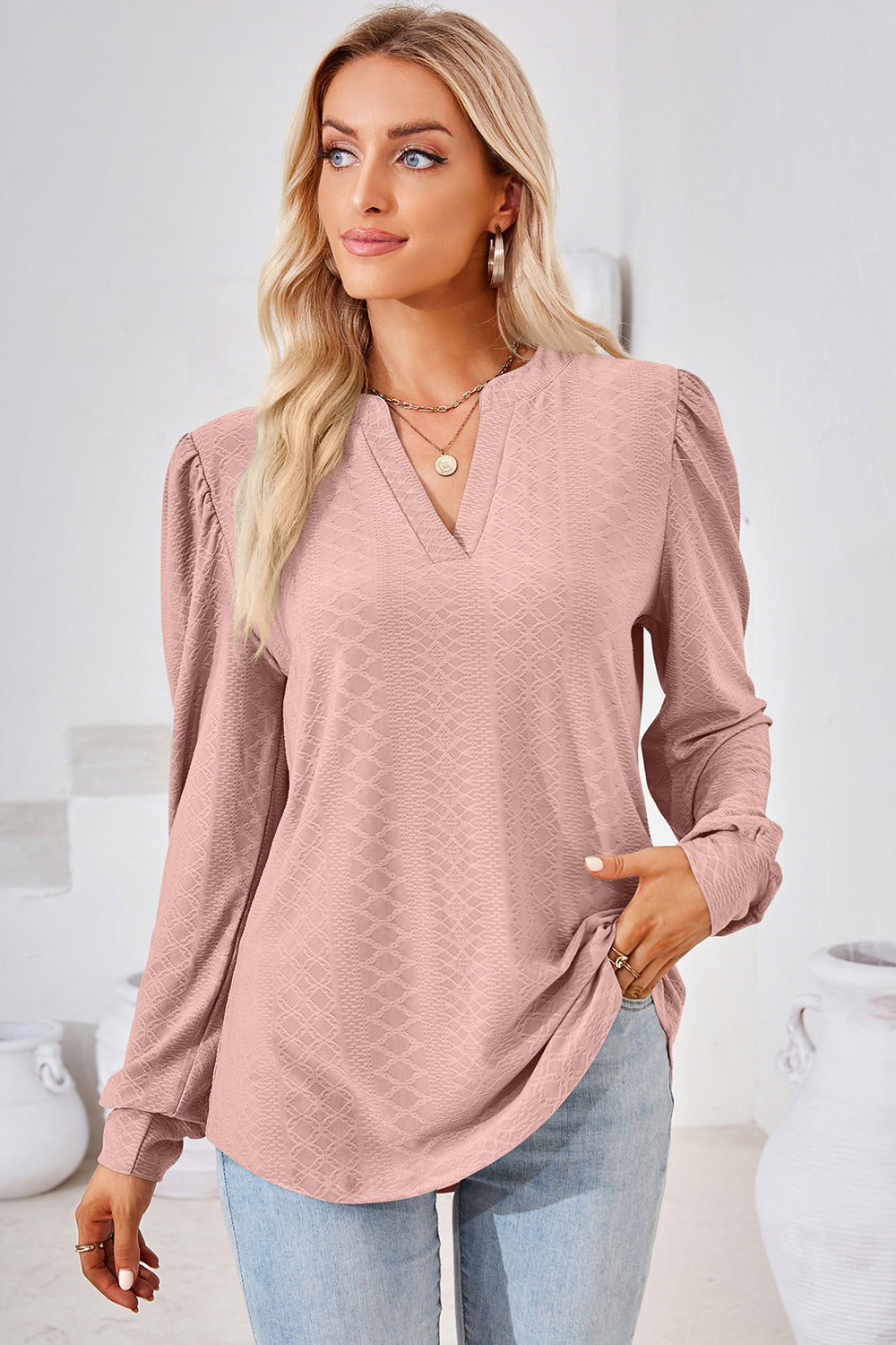 Ruched Notched Long Sleeve T-Shirt-Angel Casuals