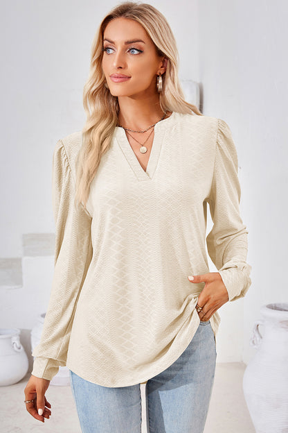 Ruched Notched Long Sleeve T-Shirt-Angel Casuals