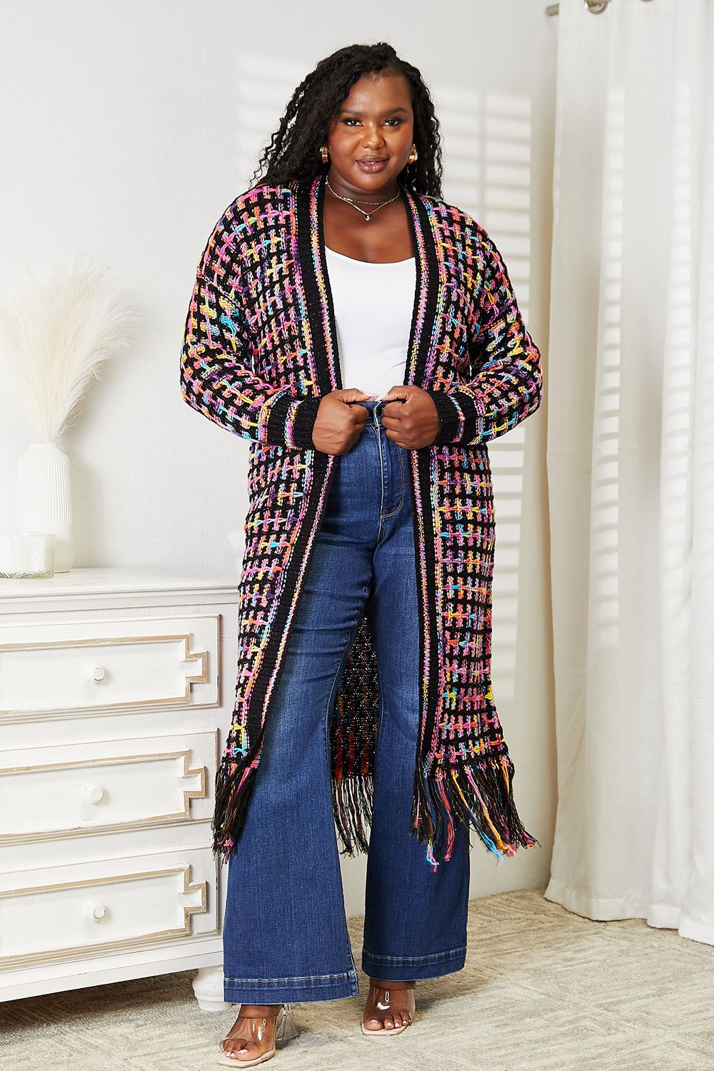 Full Size Multicolored Open Front Fringe Hem Cardigan-Angel Casuals