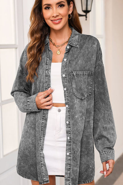 Button Up Dropped Shoulder Denim Top-Angel Casuals