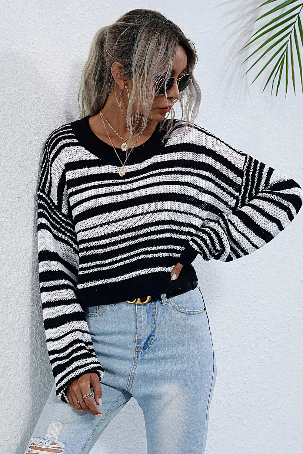 Perfee Striped Round Neck Dropped Shoulder Sweater-Angel Casuals