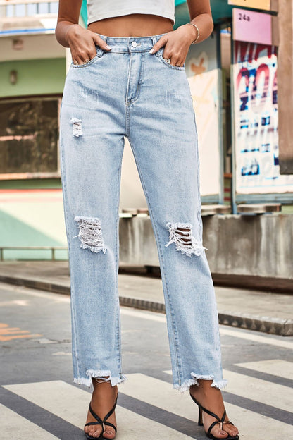 Distressed Buttoned Loose Fit Jeans-Angel Casuals