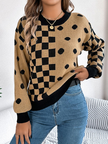 Plaid Round Neck Long Sleeve Sweater-Angel Casuals