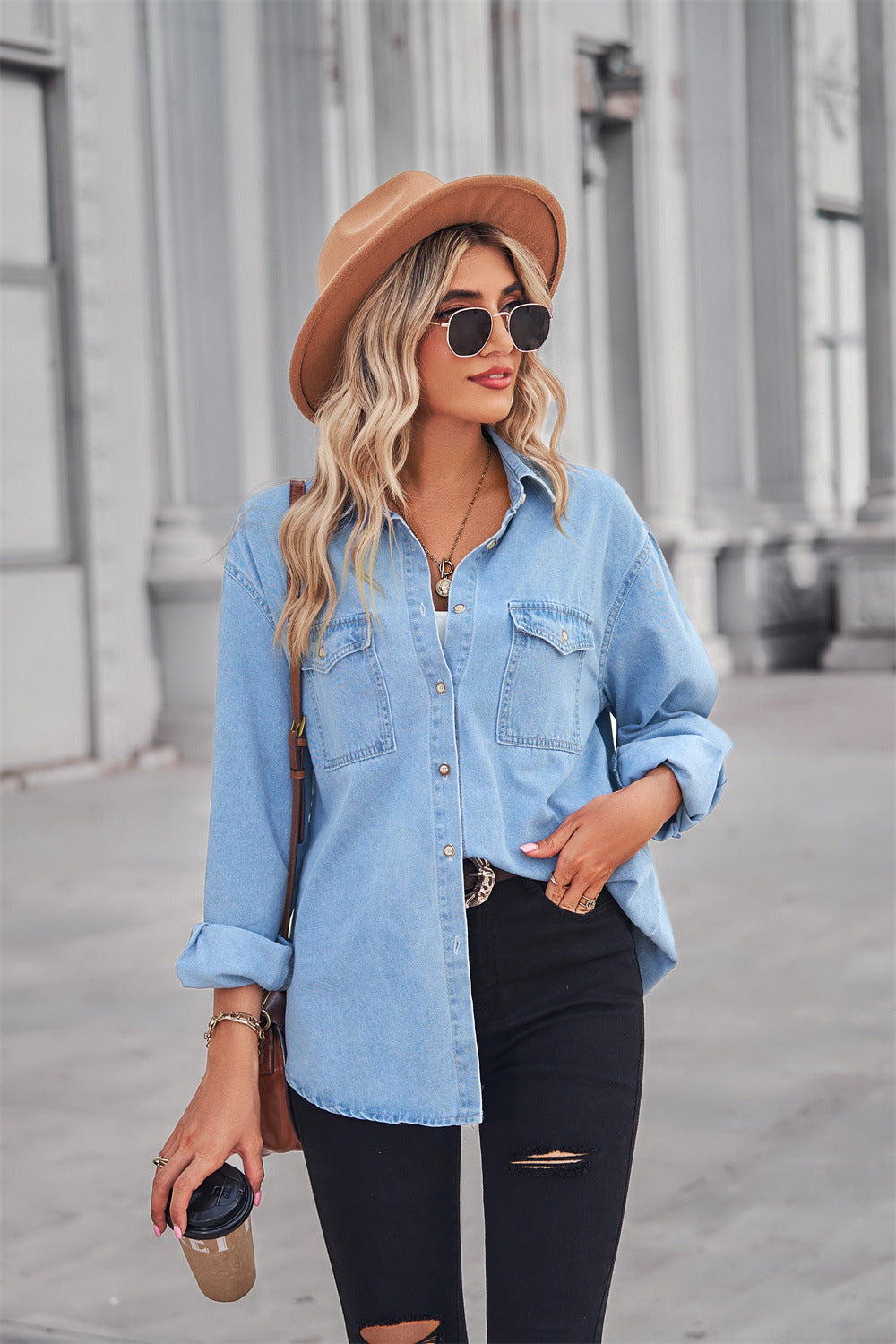 Collared Neck Dropped Shoulder Denim Top-Angel Casuals