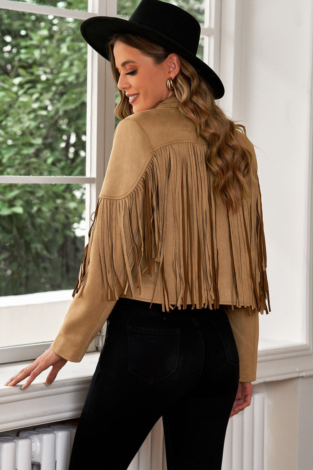 Fringe Trim Lapel Collar Cropped Blazer-Angel Casuals