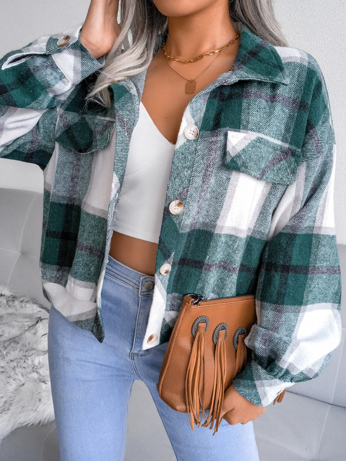 Plaid Collared Neck Long Sleeve Jacket-Angel Casuals