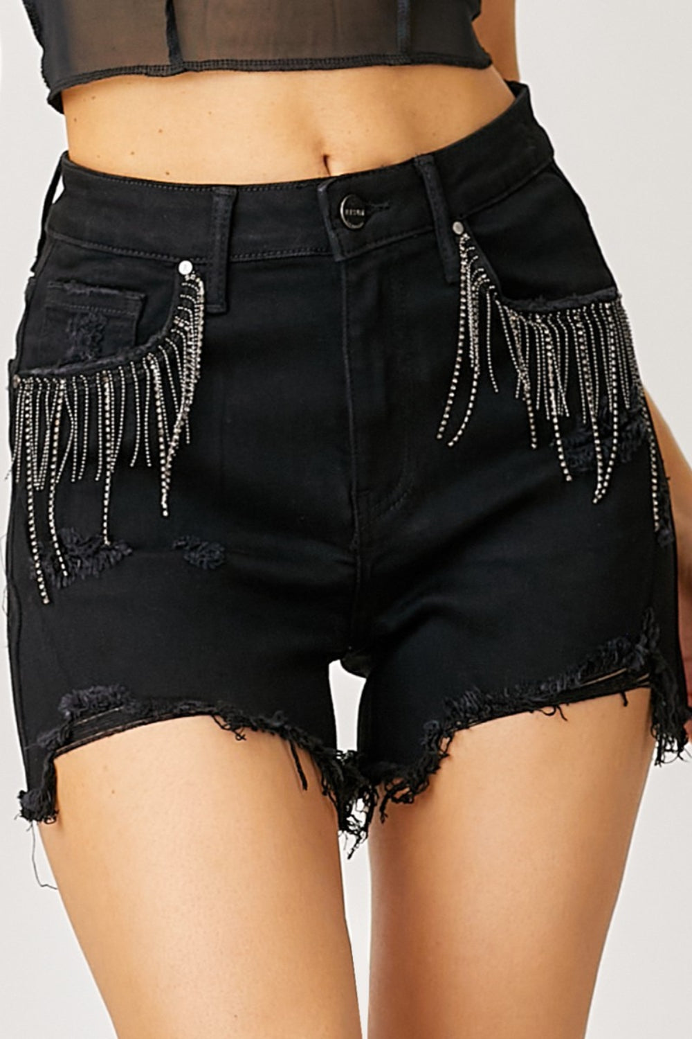 RISEN Frayed Hem Denim Shorts with Fringe Detail Pockets-Angel Casuals