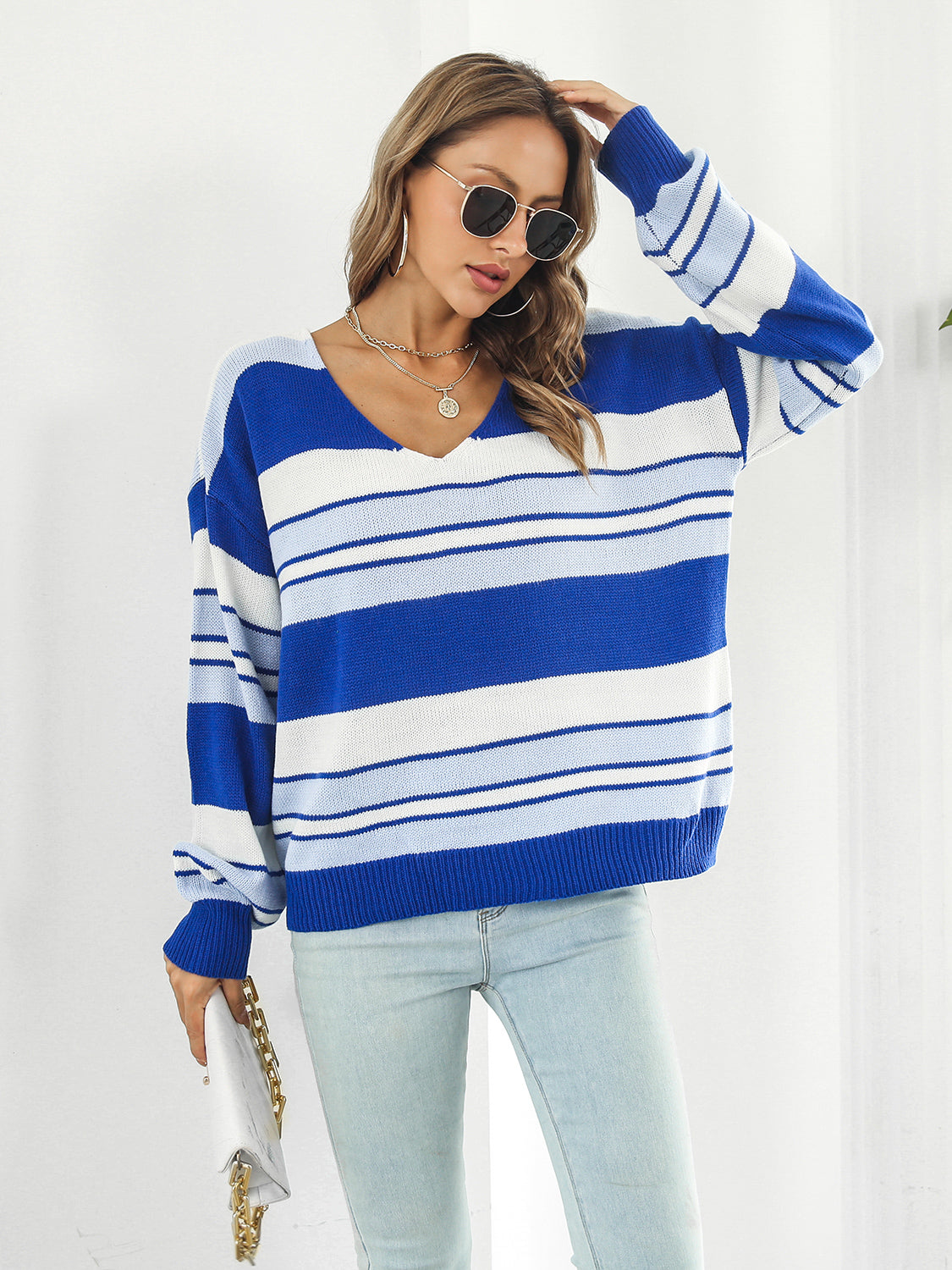 Striped V-Neck Long Sleeve Knit Top-Angel Casuals