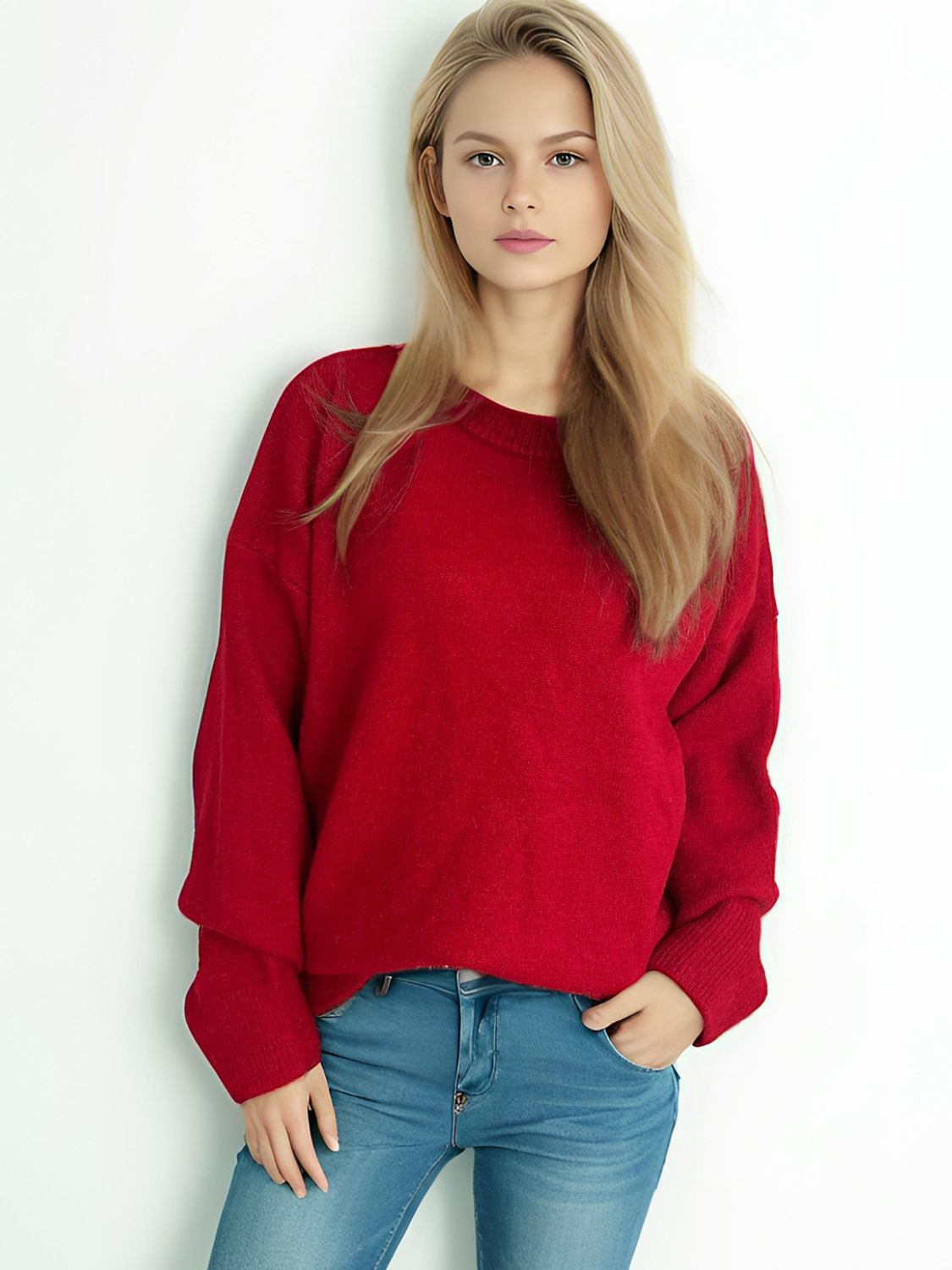 Round Neck Dropped Shoulder Long Sleeve Sweater-Angel Casuals