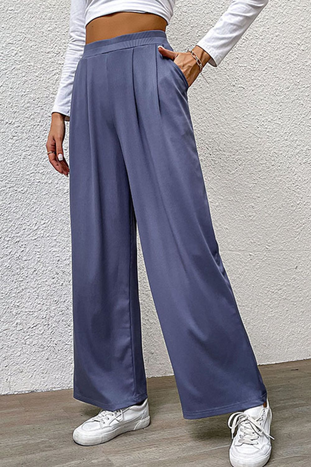 Pleated Detail Wide-Leg Pants with Pockets-Angel Casuals