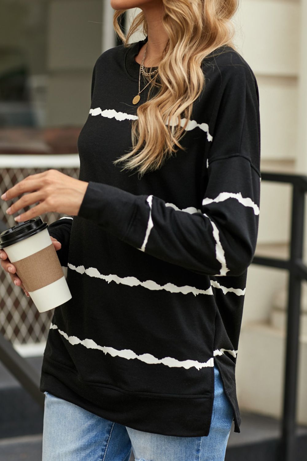 Slit Contrast Striped Round Neck Long Sleeve T-Shirt-Angel Casuals
