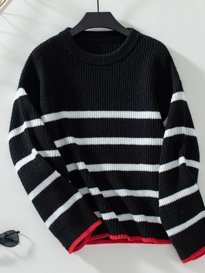 Striped Round Neck Dropped Shoulder Sweater-Angel Casuals