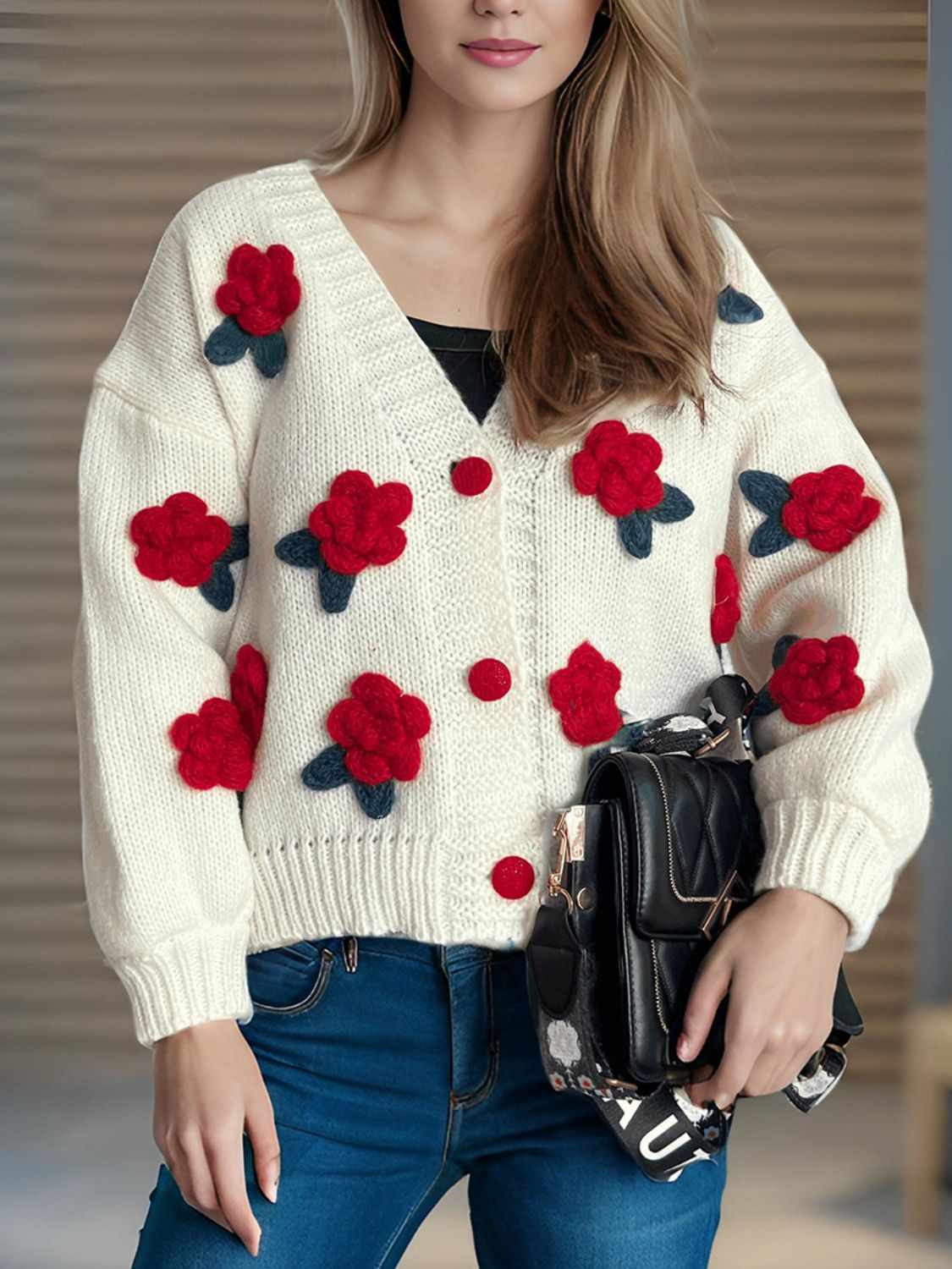 Flower Button Down V-Neck Long Sleeve Cardigan-Angel Casuals