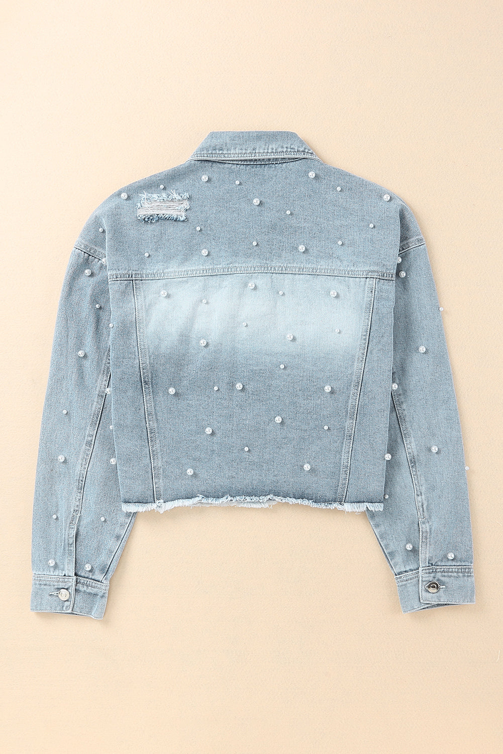 Distressed Pearl Trim Button Up Denim Jacket-Angel Casuals