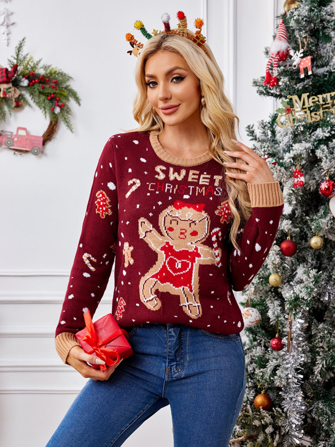 Gingerbread Round Neck Long Sleeve Sweater-Angel Casuals