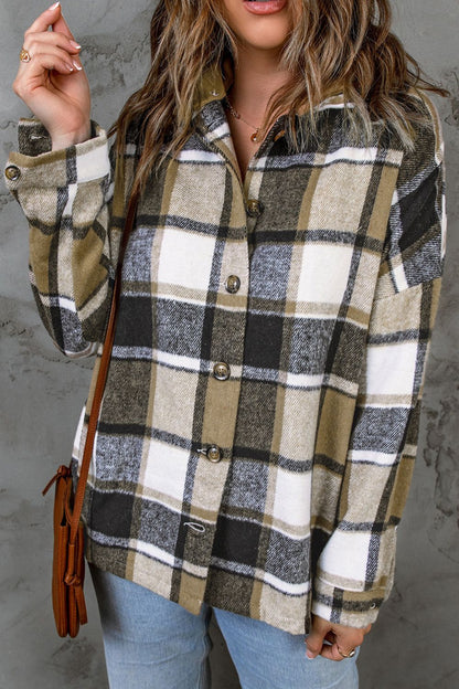 Plaid Button Up Hooded Shacket-Angel Casuals