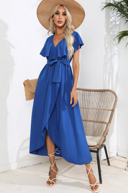 Ruffled Tied V-Neck Midi Dress-Angel Casuals