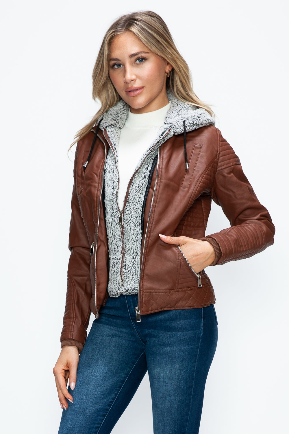 YMI Faux Layered Double-Zipper Jacket with Fuzzy Hood-Angel Casuals