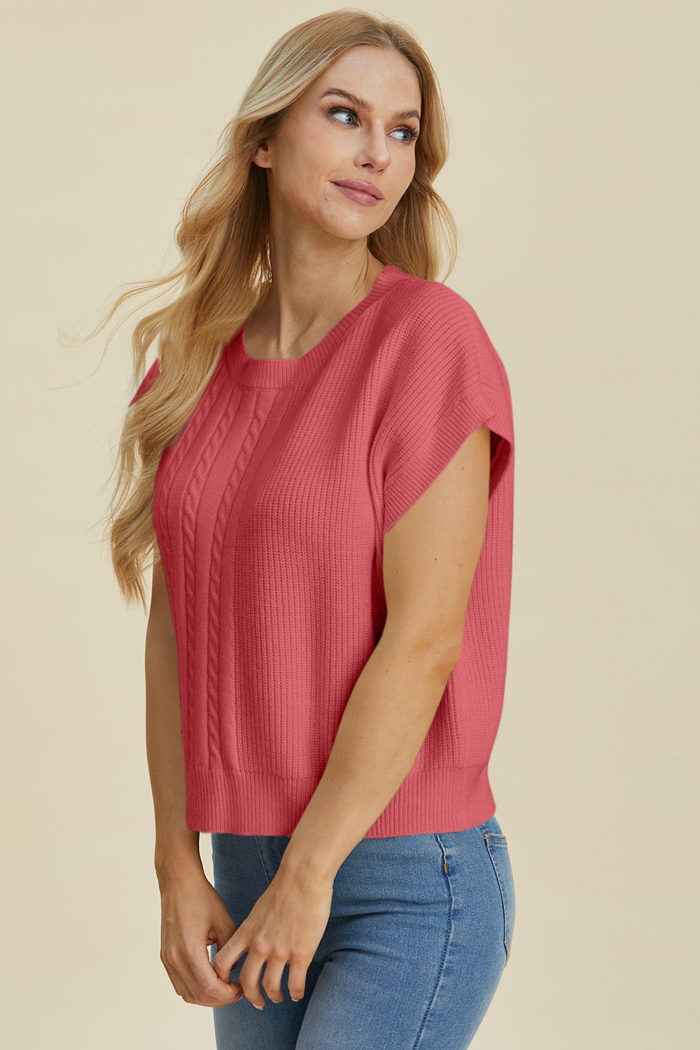 Double Take Full Size Cable-Knit Round Neck Short Sleeve Sweater-Angel Casuals