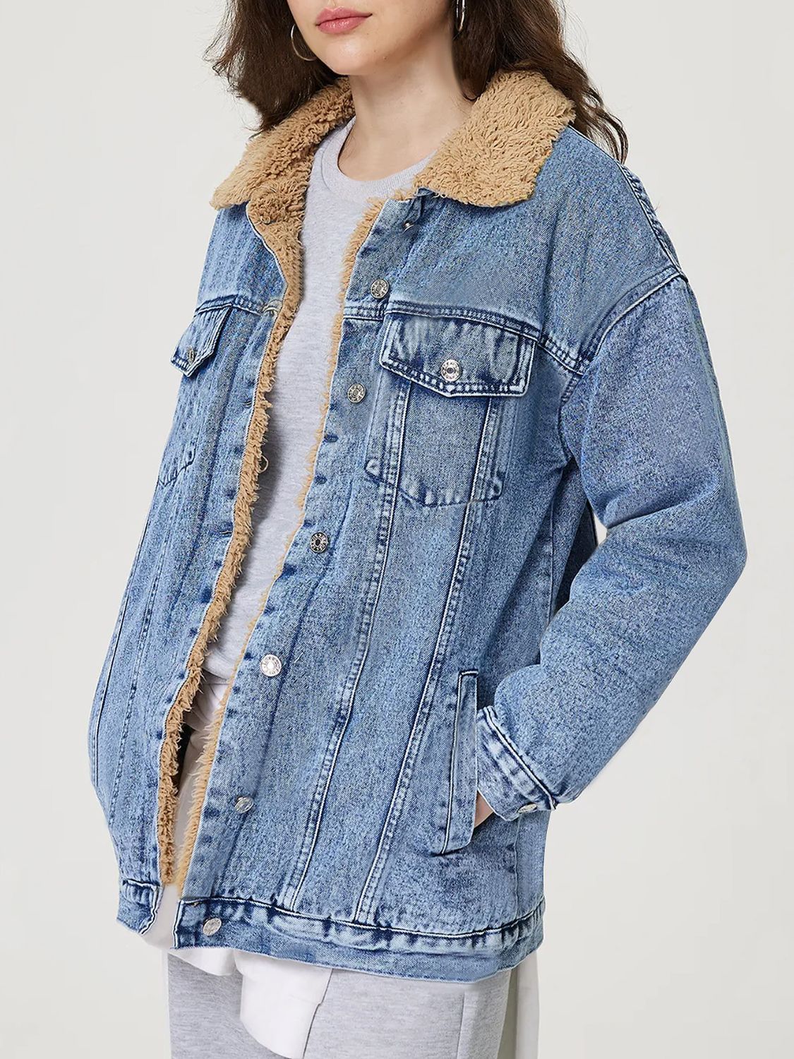 Button Up Collared Neck Plush Denim Jacket-Angel Casuals