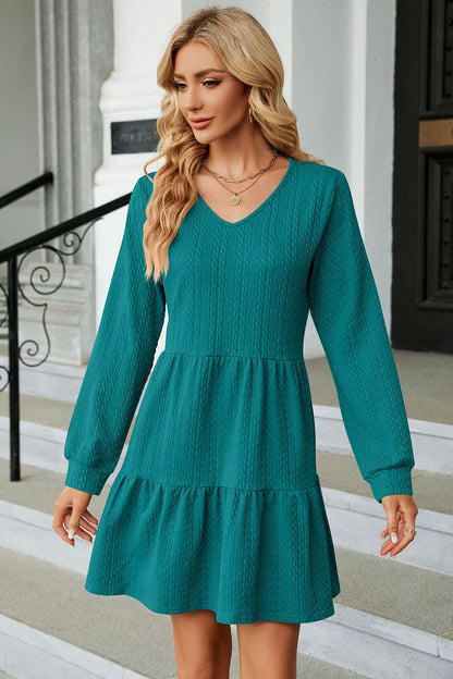 V-Neck Long Sleeve Mini Dress-Angel Casuals