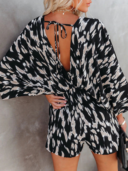 Tied Printed Kimono Sleeve Romper-Angel Casuals