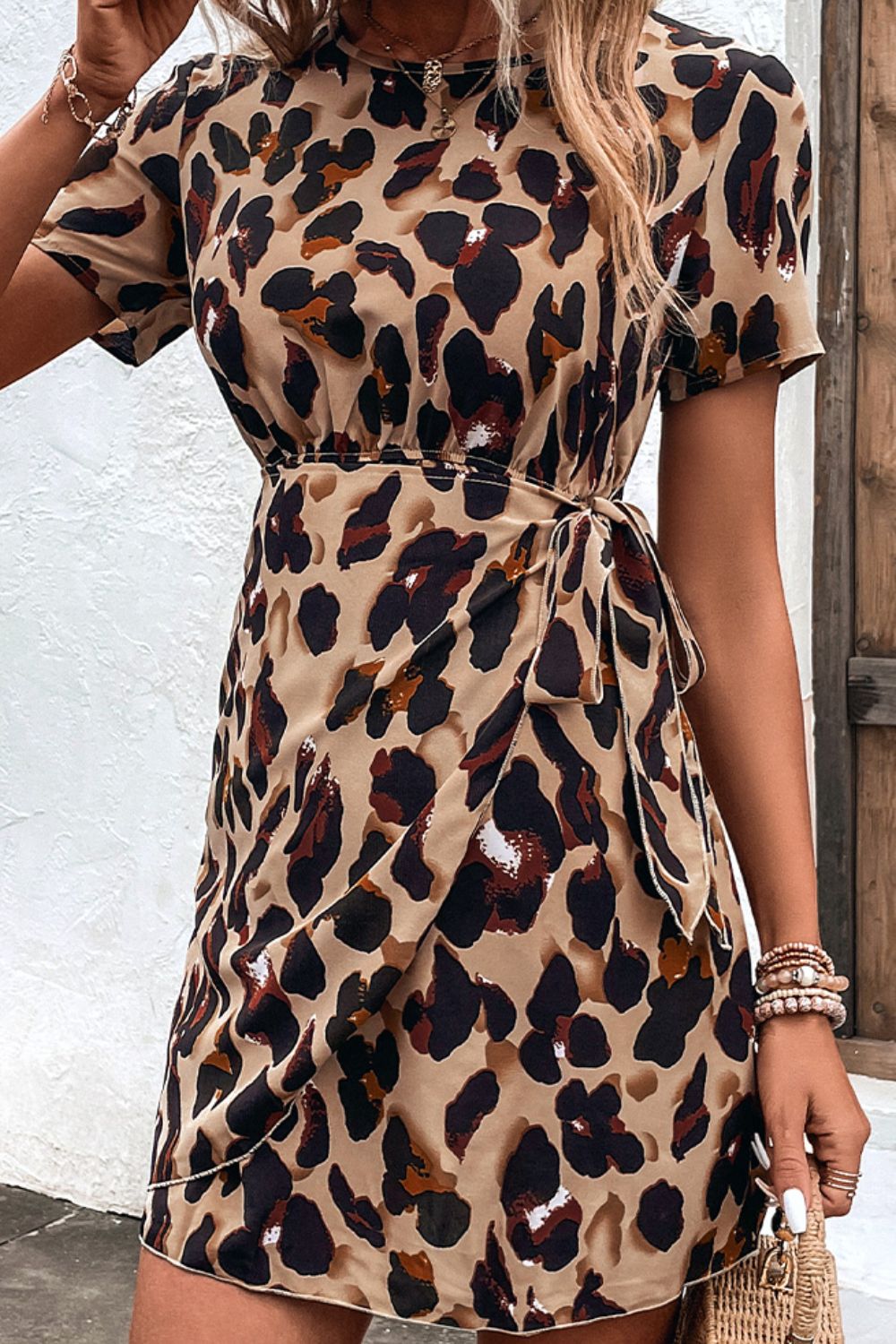 Animal Print Belted Keyhole Round Neck Dress-Angel Casuals