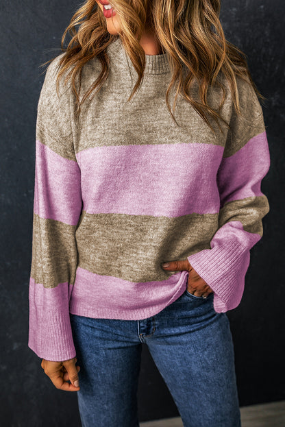 Color Block Round Neck Long Sleeve Sweater-Angel Casuals