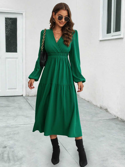 Surplice Neck Long Sleeve Midi Dress-Angel Casuals