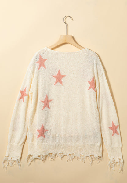 Contrast Star Raw Hem Long Sleeve Knit Top-Angel Casuals