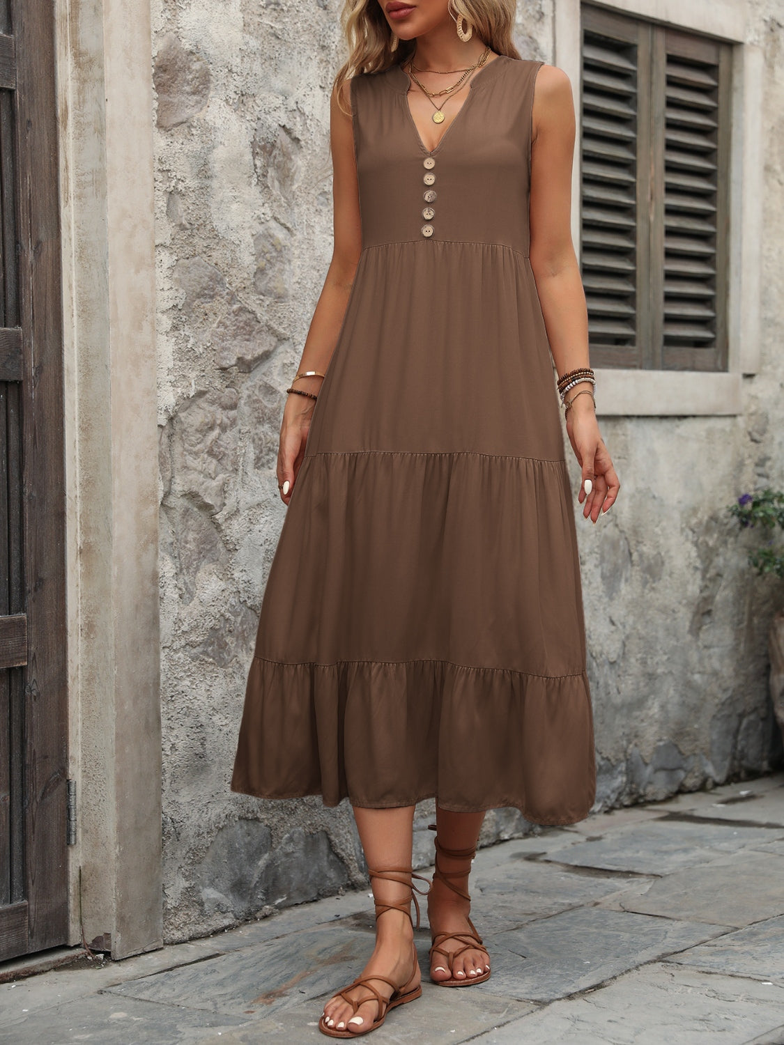 Decorative Button Notched Sleeveless Dress-Angel Casuals