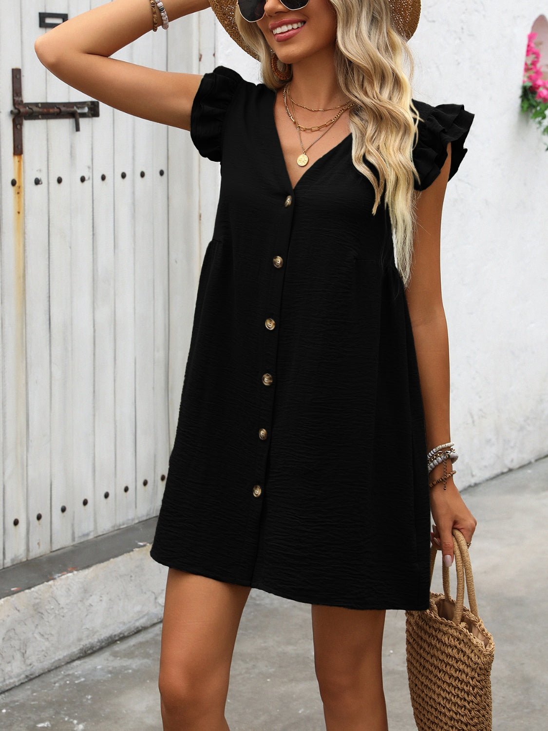 Button Up V-Neck Cap Sleeve Mini Dress-Angel Casuals