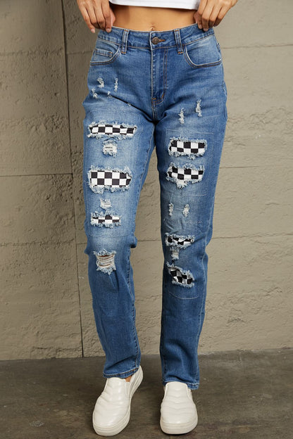 Baeful Checkered Patchwork Mid Waist Distressed Jeans-Angel Casuals