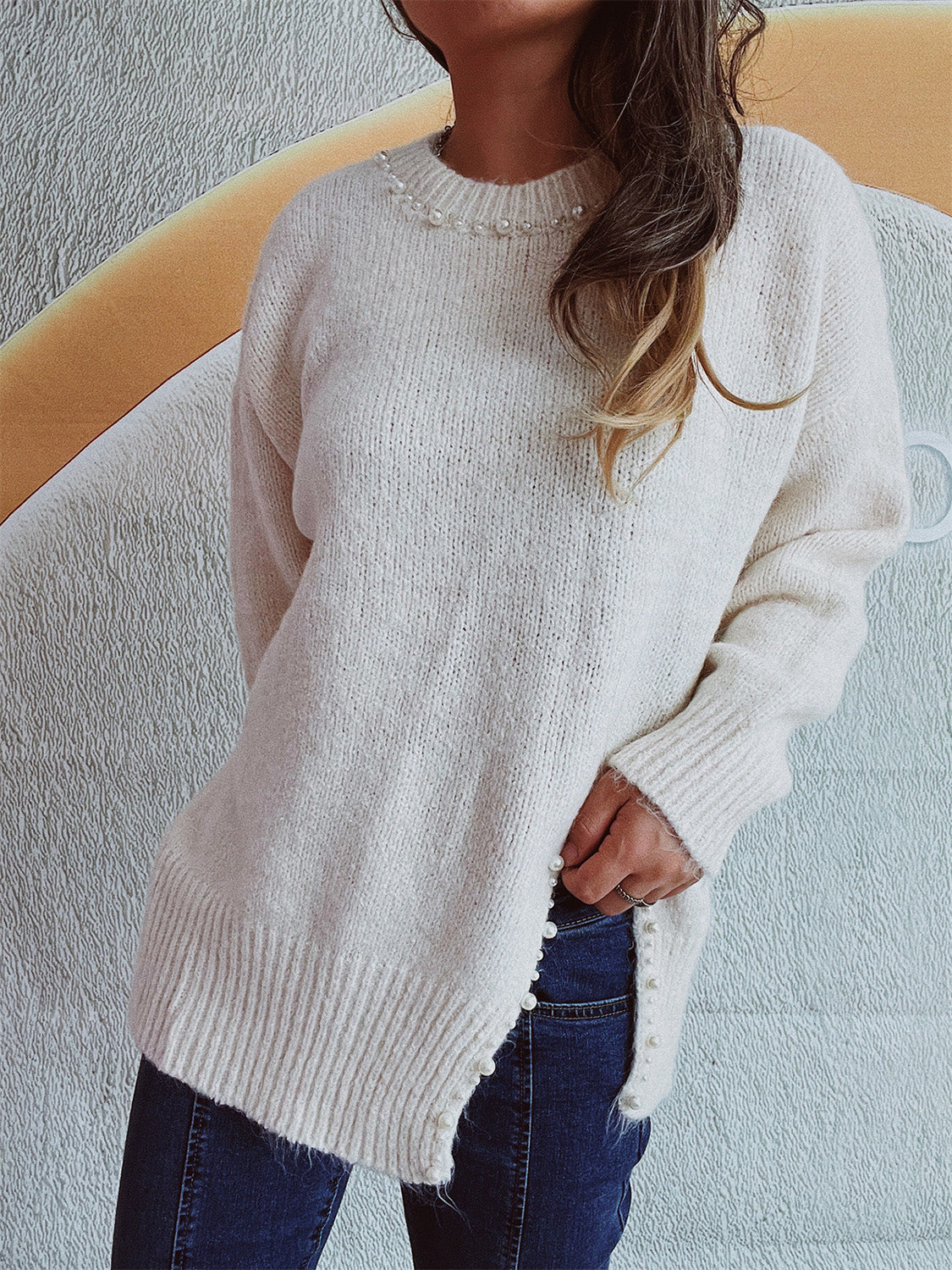 Slit Pearl Trim Round Neck Long Sleeve Sweater-Angel Casuals