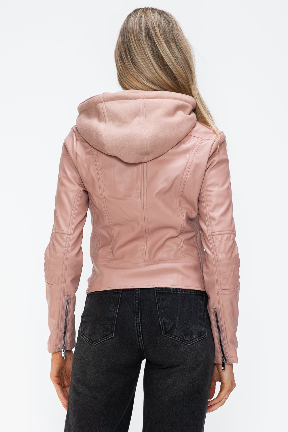 Snobbish Faux Leather Zip Up Drawstring Hooded Jacket-Angel Casuals