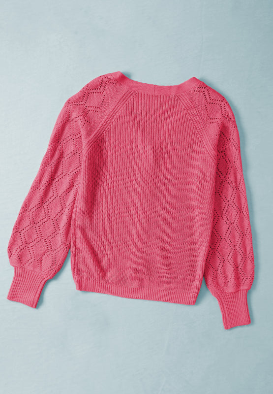 Openwork V-Neck Button Up Cardigan-Angel Casuals