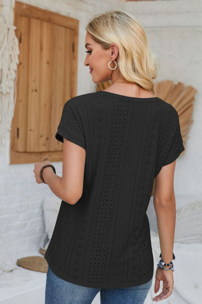 Eyelet Round Neck Rolled Short Sleeve T-Shirt-Angel Casuals