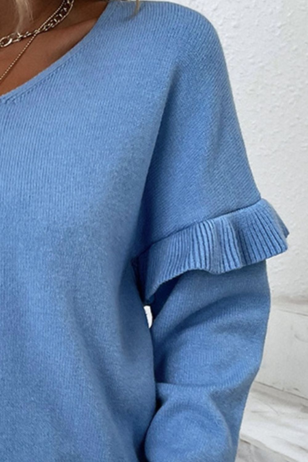 V-Neck Ruffle Trim Long Sleeve Sweater-Angel Casuals