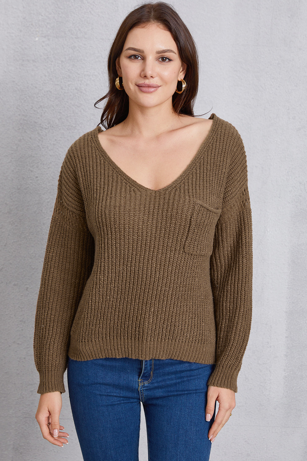 V-Neck Pocketed Dropped Shoulder Knit Top-Angel Casuals