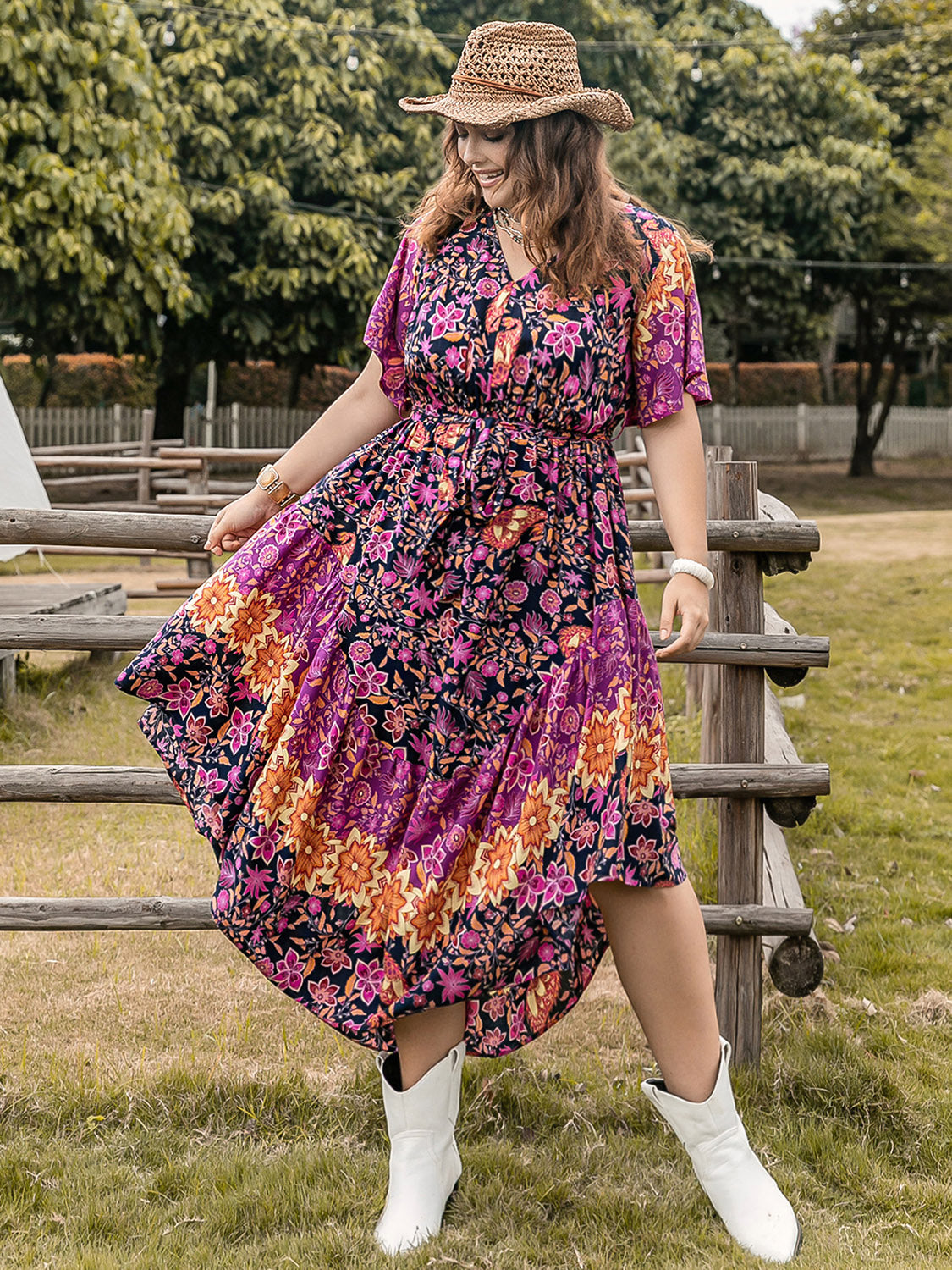 Plus Size Printed V-Neck Flutter Sleeve Midi Dress-Angel Casuals