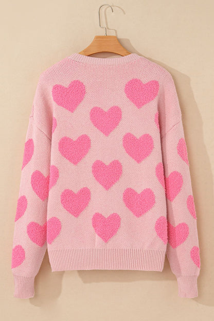 Valentine's Day Heart Jacquard Round Neck Sweater-Angel Casuals