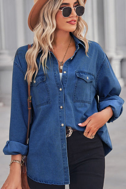 Collared Neck Dropped Shoulder Denim Top-Angel Casuals