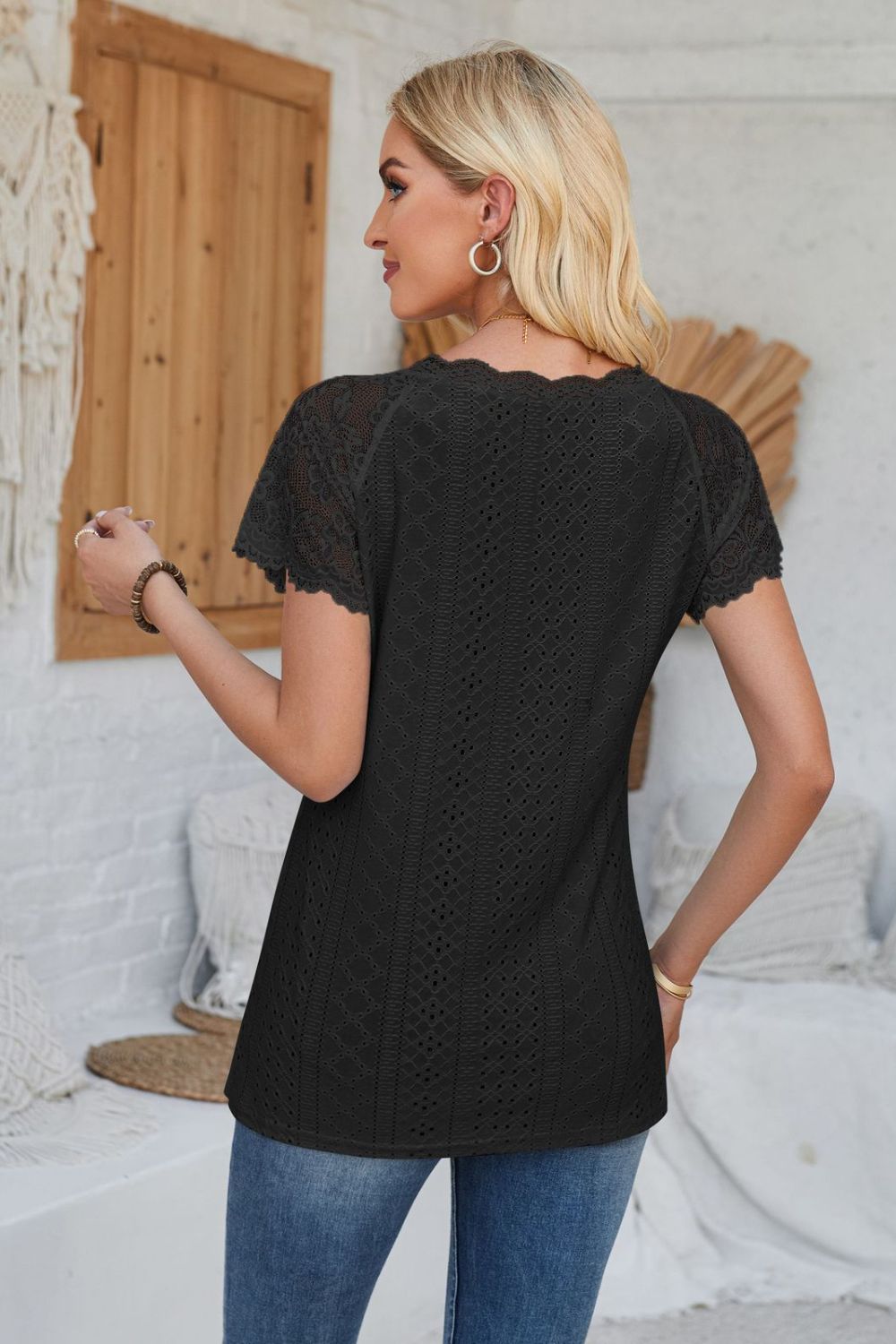 Eyelet V-Neck Lace Short Sleeve T-Shirt-Angel Casuals