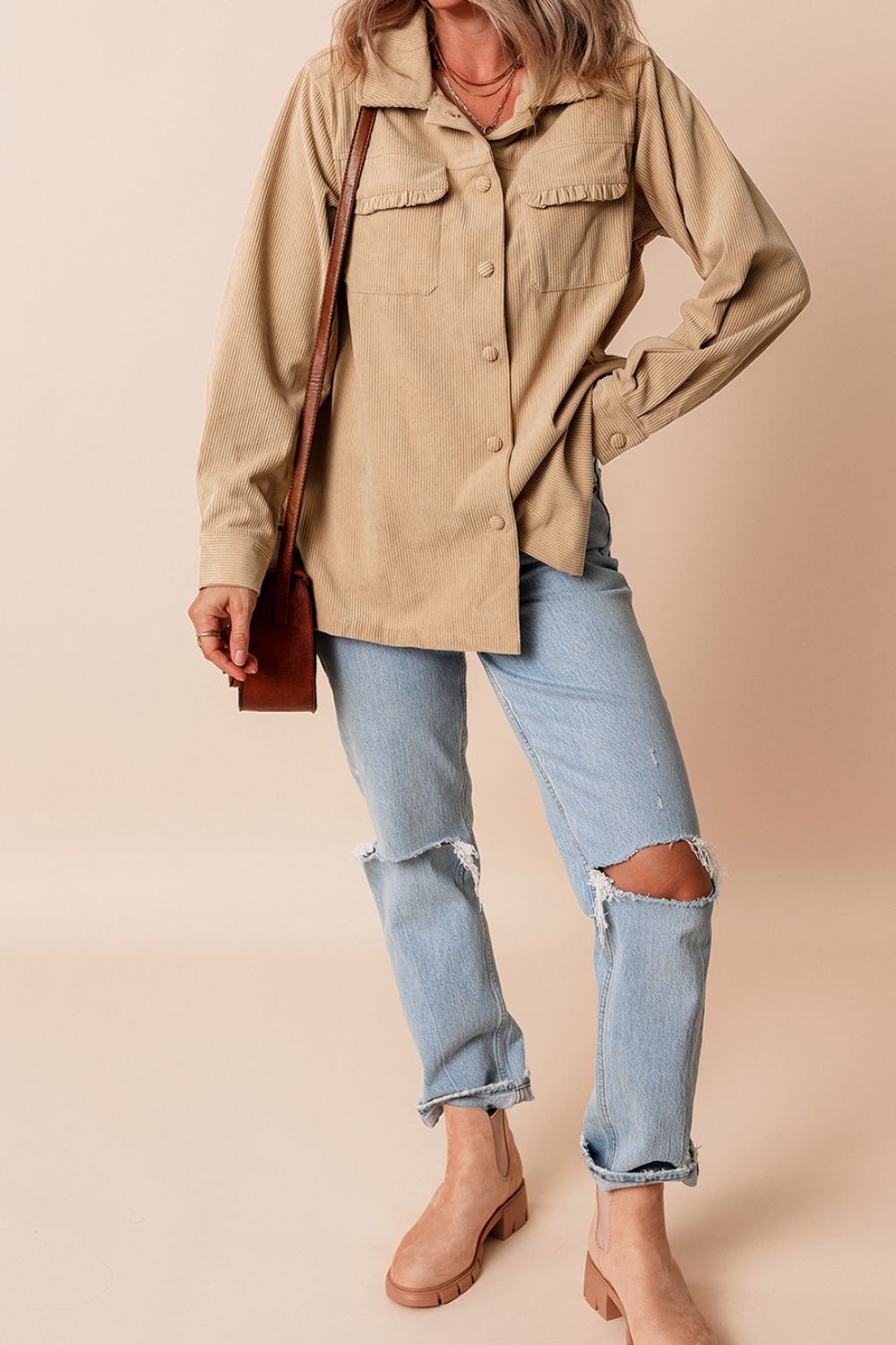 Frill Button Up Long Sleeve Shacket-Angel Casuals
