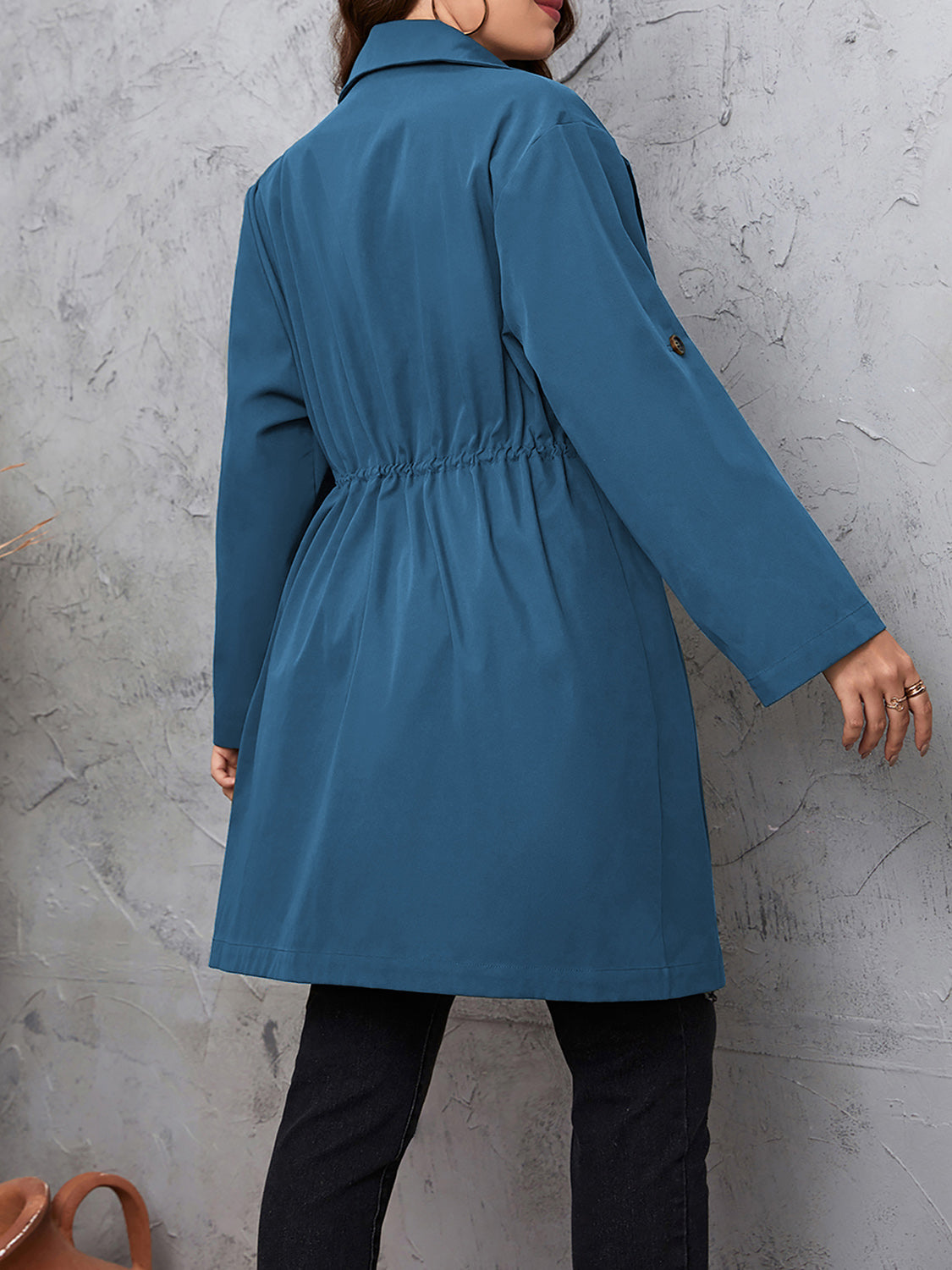 Honey Plus Size Lapel Collar Drawstring Roll-Tab Sleeve Trench Coat-Angel Casuals