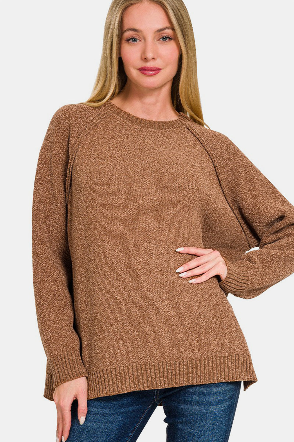 Zenana Side Slit Raglan Sleeve Sweater-Angel Casuals