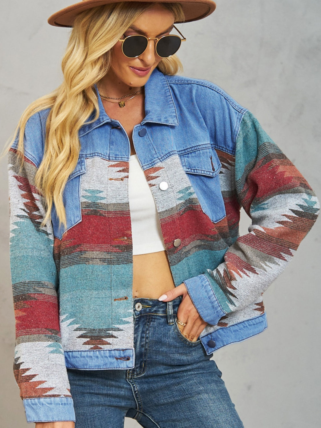 Geometric Button Up Dropped Shoulder Denim Jacket-Angel Casuals