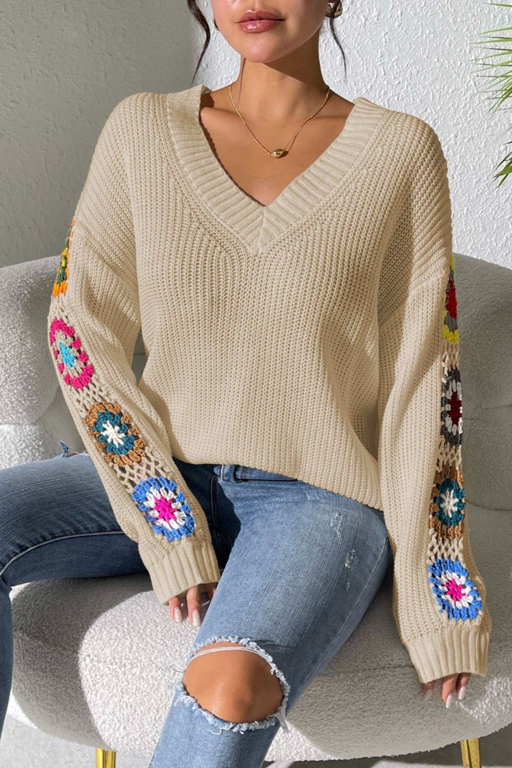 Crochet Flower V-Neck Sweater-Angel Casuals